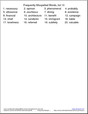 Frequently Misspelled Words List Spelling Set I Abcteach