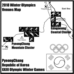 PyeongChang Winter Olympics Venue Map B&W ClipArt