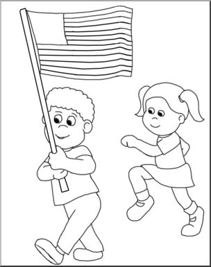 Clip Art: Kids: Independence Day Parade B&W
