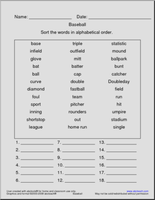 Baseball Vocabulary ABC Order