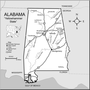 Clip Art: US State Maps: Alabama Grayscale Detailed