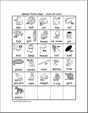 Bingo: Alphabet Pictures (long initial vowels) – check sheet