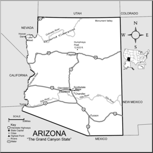 Clip Art: US State Maps: Arizona Grayscale Detailed