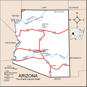 Clip Art: US State Maps: Arizona Color Detailed