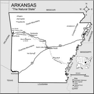Clip Art: US State Maps: Arkansas Grayscale Detailed