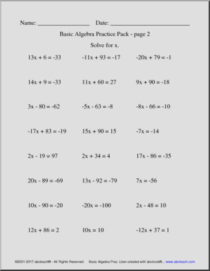 Basic Algebra Practice Pack (solve for x)