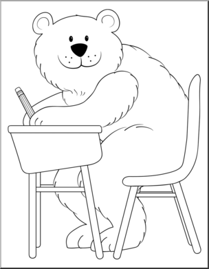 Clip Art: Cartoon Bear Sitting at Desk B&W – Abcteach