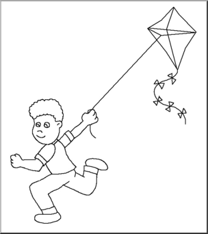 Clip Art: Kids: Kite Flying 1 B&W