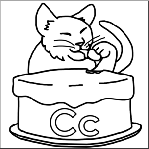 Clip Art: Alphabet Animals: C – Cat Claws a Cake (B&W)