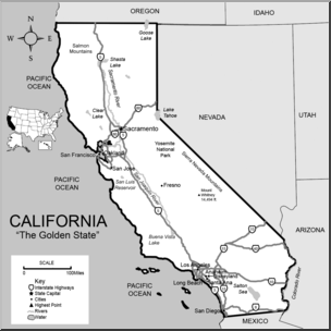 Clip Art: US State Maps: California Grayscale Detailed