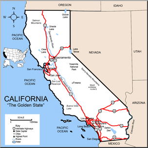 Clip Art: US State Maps: California Color Detailed