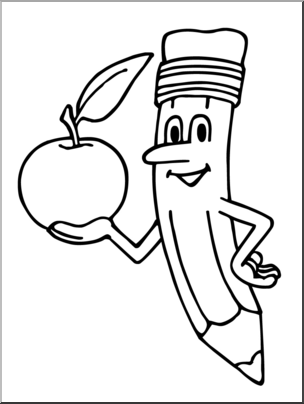 Clip Art: Cartoon Pencil w/ Apple B&W