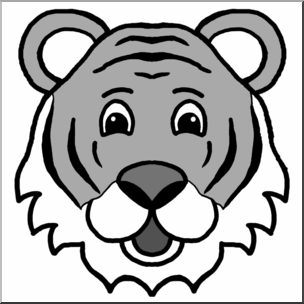 Clip Art: Cartoon Animal Faces: Tiger Grayscale