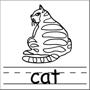 Clip Art: Basic Words: Cat B&W Labeled