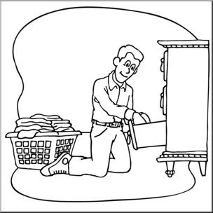 Clip Art: Kids: Chores: Putting Away Laundry B&W