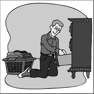 Clip Art: Kids: Chores: Putting Away Laundry Grayscale