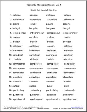 Frequently Misspelled Words (list 1) Circle and Spell