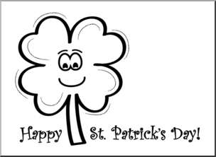 Clip Art: Four Leaf Clover Smiley Happy St. Patrick’s Day B&W