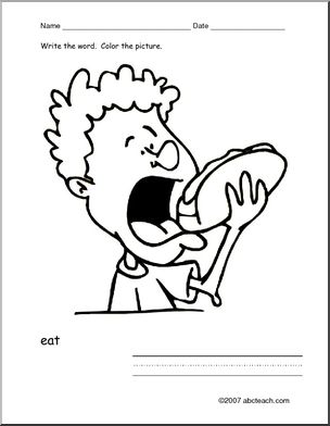 Coloring Page: Write and Color Action Verb “eat” (ESL)