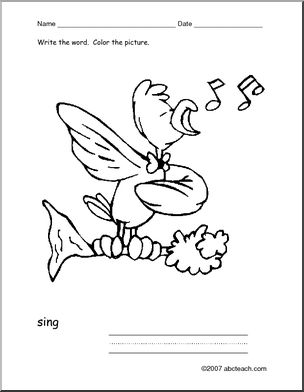Coloring Page: Write and Color Action Verb “sing” (ESL)