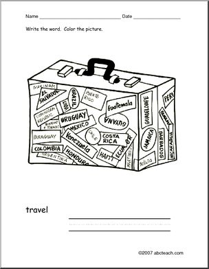 Coloring Page: Write and Color Action Verb “travel” (ESL)