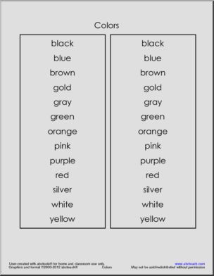 Colors: Spelling List