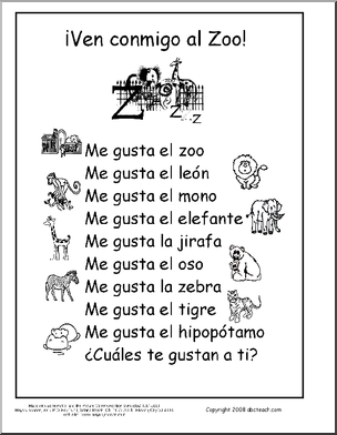 Spanish: Vocabulario – El zoo (primaria)