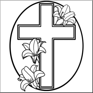 Clip Art: Religious: Cross with Easter Lilies B&W