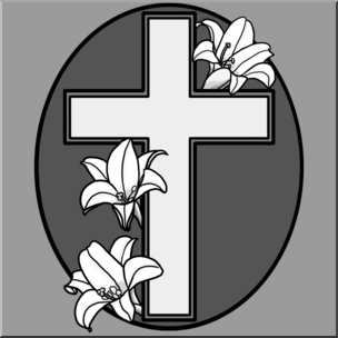 Clip Art: Religious: Cross with Easter Lilies Grayscale