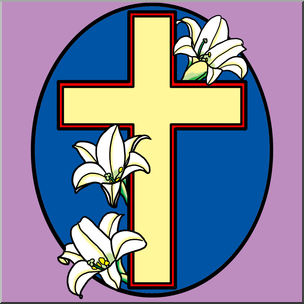 Clip Art: Religious: Cross with Easter Lilies Color