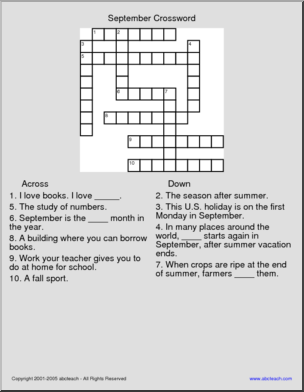 Crossword: September (elementary)