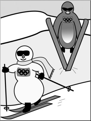 Clip Art: Cartoon Olympics: Penguin Nordic Combined Grayscale