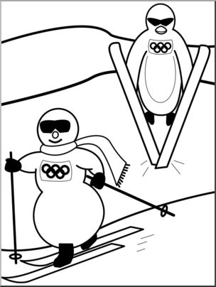 Clip Art: Cartoon Olympics: Penguin Nordic Combined B&W