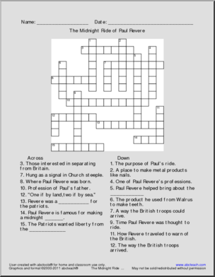 Crossword: Paul Revere (upper elem/middle)