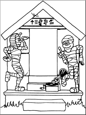 Clip Art: Halloween Houses: Dancing Mummies Tomb B&W