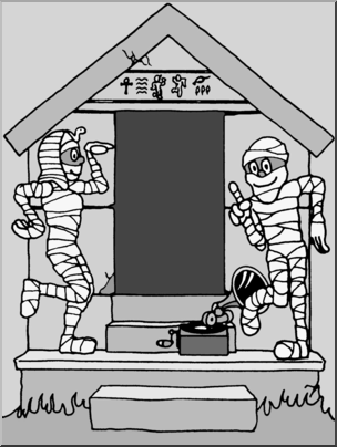 Clip Art: Halloween Houses: Dancing Mummies Tomb Grayscale