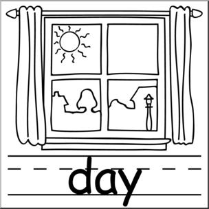 Clip Art: Basic Words: Day B&W Labeled