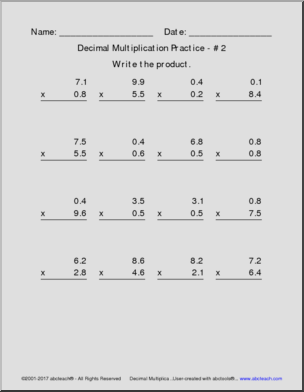 Decimal Multiplication Practice Pack (includes negative integers)