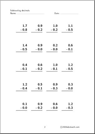 Decimal Subtraction (set 1) Worksheet