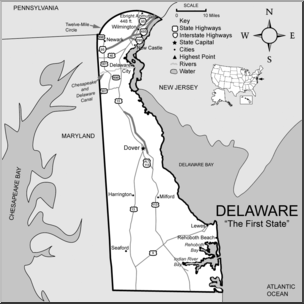 Clip Art: US State Maps: Delaware Grayscale Detailed