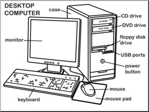 Clip Art: Computer: Desktop B&W Labeled