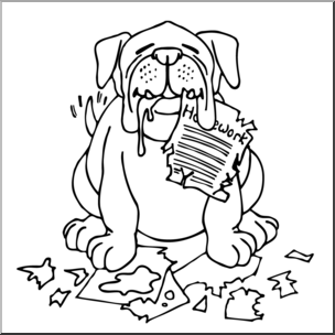Clip Art: Cartoon Dog Eating Homework B&W