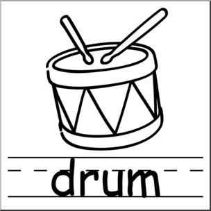 Clip Art: Basic Words: Drum B&W Labeled