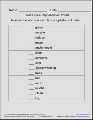 Think Green (number, sets of five) ABC Order