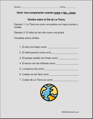 Similes – El DÃ­a de La Tierra #2 (elementaria/secundaria) Spanish