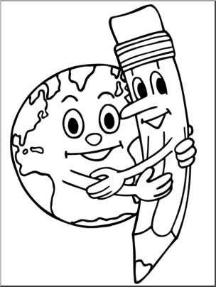 Clip Art: Cartoon Pencil & Earth Hug B&W