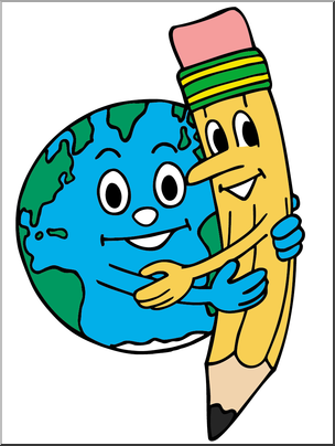 Clip Art: Cartoon Pencil & Earth Hug Color