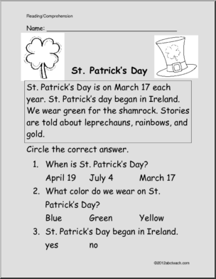 Easy Reading Comprehension: St. Patrick’s Day (primary)
