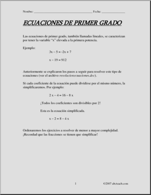 Spanish: Ecuaciones de Primer Grado – ExplicaciÃ›n y prÂ·ctica (secundaria)