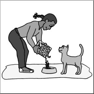Clip Art: Kids: Chores: Feeding the Cat Grayscale